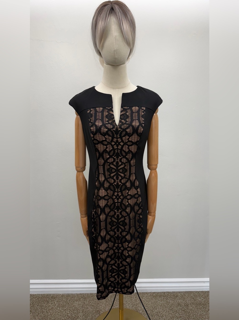 Connected Apparel Black Lace Sheath Dress Nude Lining Midi Career Size 6